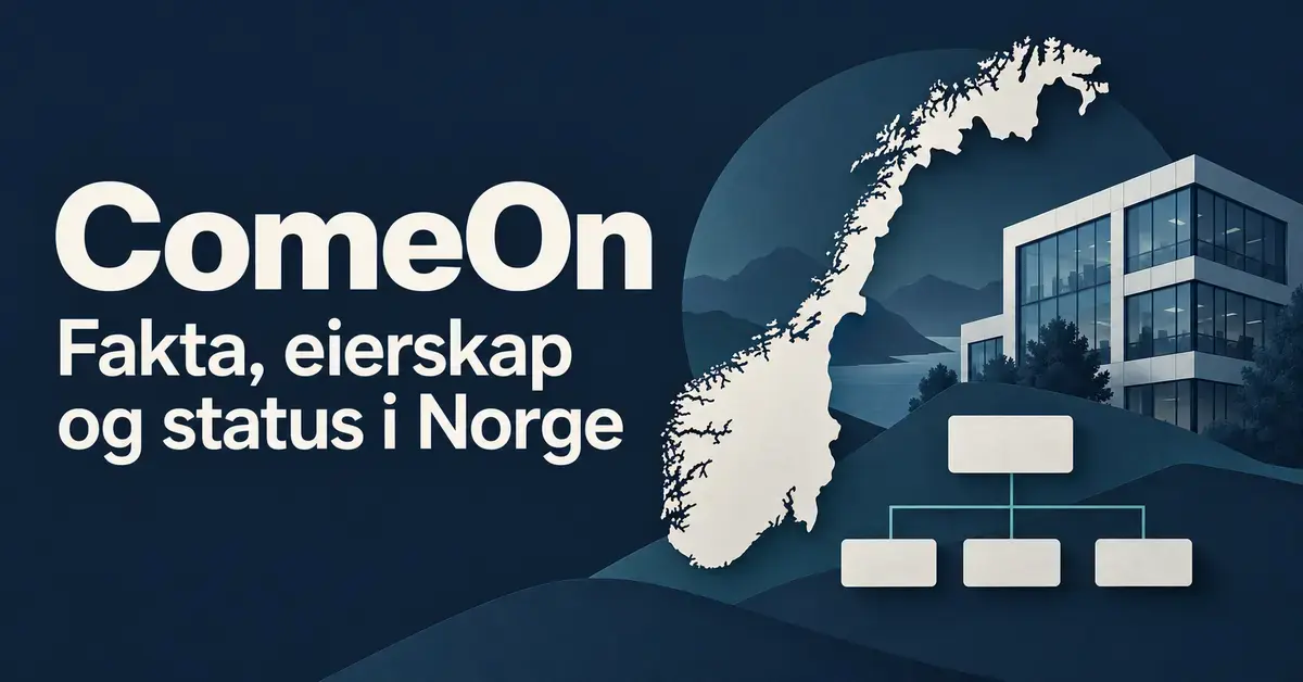 Illustrasjon med teksten «ComeOn – Fakta, eierskap og status i Norge», et norgeskart, et kontorbygg og et organisasjonskart på mørk blå bakgrunn.