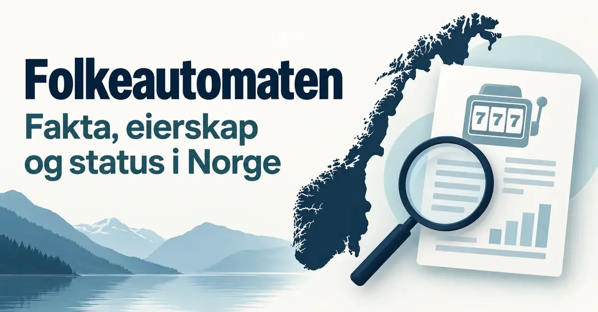 Illustrasjon med norgeskart, forstørrelsesglass og et dokument med spilleautomatsymbol til artikkelen «Folkeautomaten: fakta, eierskap og status i Norge».