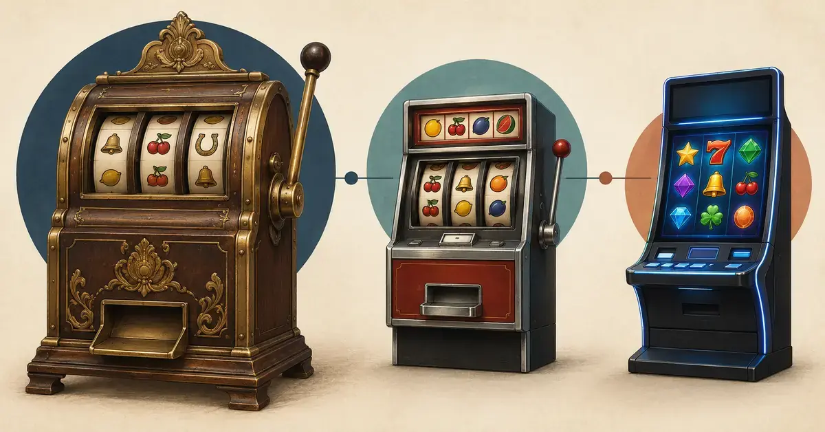 Illustrasjon av spilleautomatenes utvikling fra en mekanisk enarmet banditt via en klassisk fruktautomat til en moderne digital spilleautomat.
