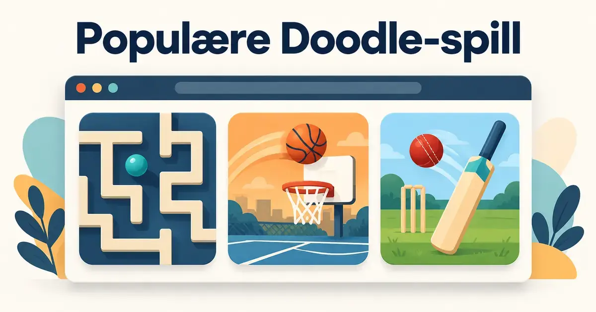 Illustrasjon av en labyrint, basketball og cricket i et nettleservindu under overskriften «Populære Doodle-spill».